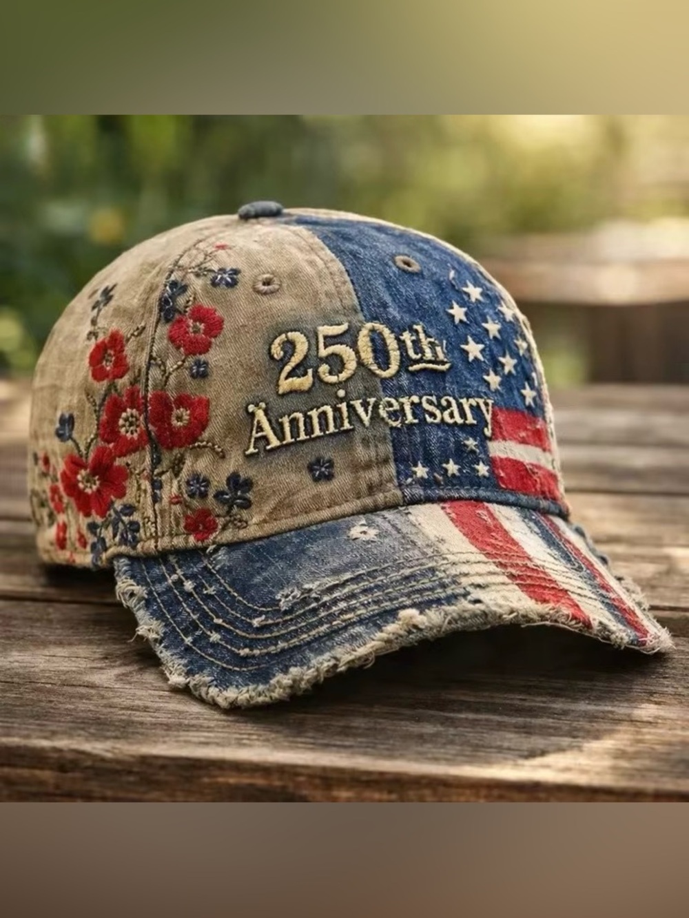 250th Anniversary American Flag Floral Distressed Baseball Cap